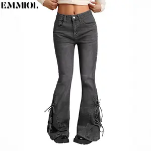 Women Bell Bottom Jeans Lace Up Bow Stretch Flare Denim Pants Cute Y2k Vintage Jeans