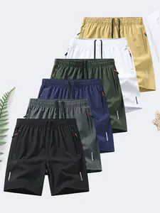 6-piece set, men's zipper pocket shorts, summer ice silk beach shorts, ice-sense quick-dry sports casual pants, basketball shorts thin, plus-size men's clothing reflective strip design,  Menswear，Plain Trouser，suitable for running and fitness. Beige