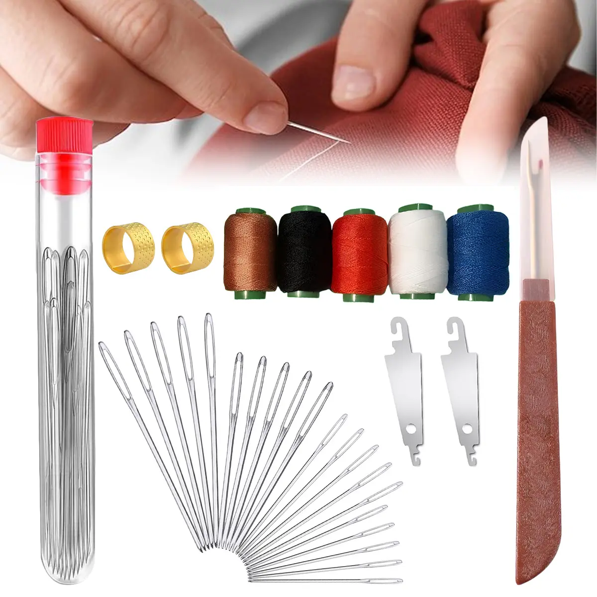 36PCS Big Eye Steel Needles Set - Sturdy, Durable, Easy-Thread Hand Needles Needle Crafts Kit for Mending, Quilting - Sewing Supplies Crafts All-Purpose Kit with Thread Spools and Accessories