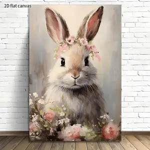 2D Flat, 2D Flat 1pc Easter Bunny Canvas Wall Art| Ready to Hang, Framed with Wood, 2D Flat, Perfect for Home and Office Decor, Creative Space Wall Decor, Framed Wrapped Canvas, Ideal Gift	
