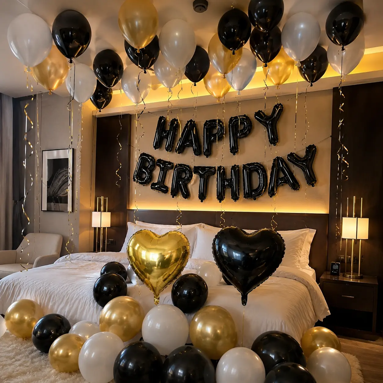 42PCS Black Gold Birthday Balloons Decoration Kit, Happy Birthday Foil Letter Banner, Black White Gold Latex Balloons with Heart Foil Balloons, Birthday Party Decor Set
