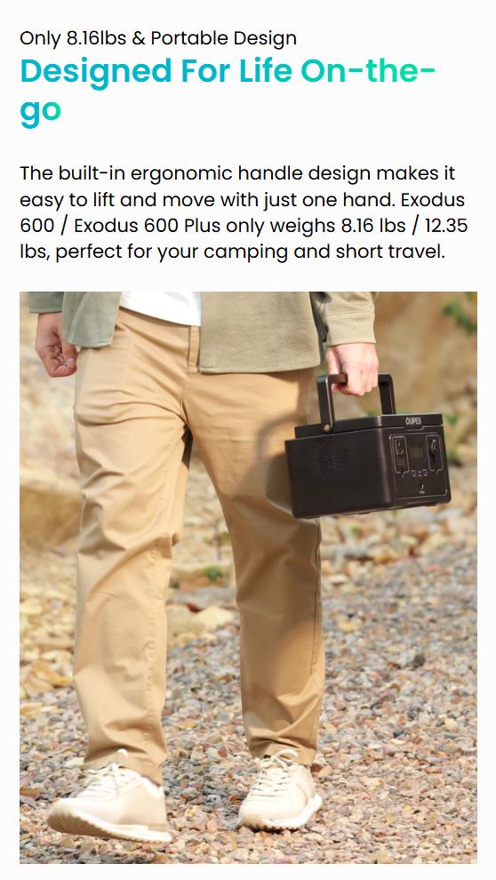 OUPES Exodus 600W, 256Wh Portable Power Station(1200w Surge), LiFePO4 Solar Generator Battery, 8.16lbs, 0-100% in 1 hour, for RV, Outdoors, Camping, Home Backup