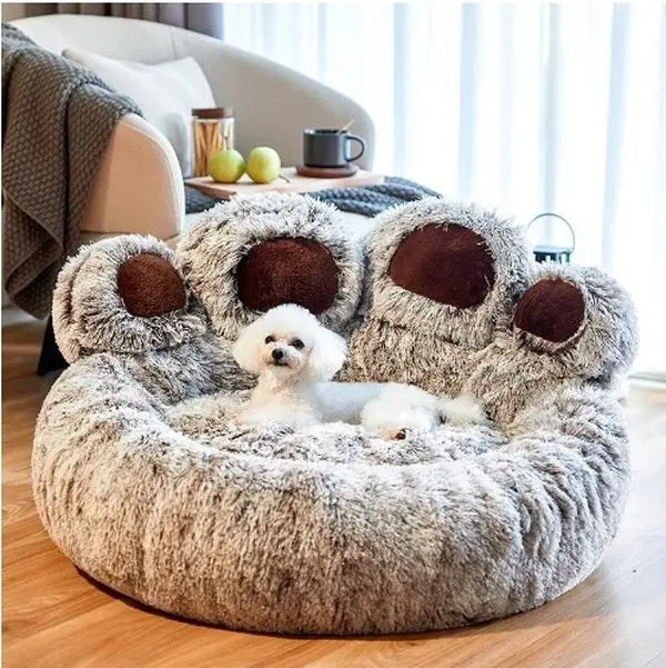 Giant Paw Print Cotton New Plush Heated Donut Dog Bed - Selfwarming Nest, Anti-Slip Bottom, Shaggy Fluffy Calming Bed for Large Dogs, Donut-Hole Rest Spot for Deep Sleeping