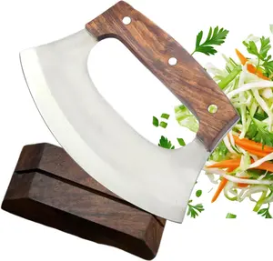 Ulu Knife – Sharp Rocker Mezzaluna with Rosewood Stand – Viking-Inspired Stainless Steel Cutter & Chopper for Pizza, Meat, Vegetables, Herbs, Salad – Kitchen & Camping Tool