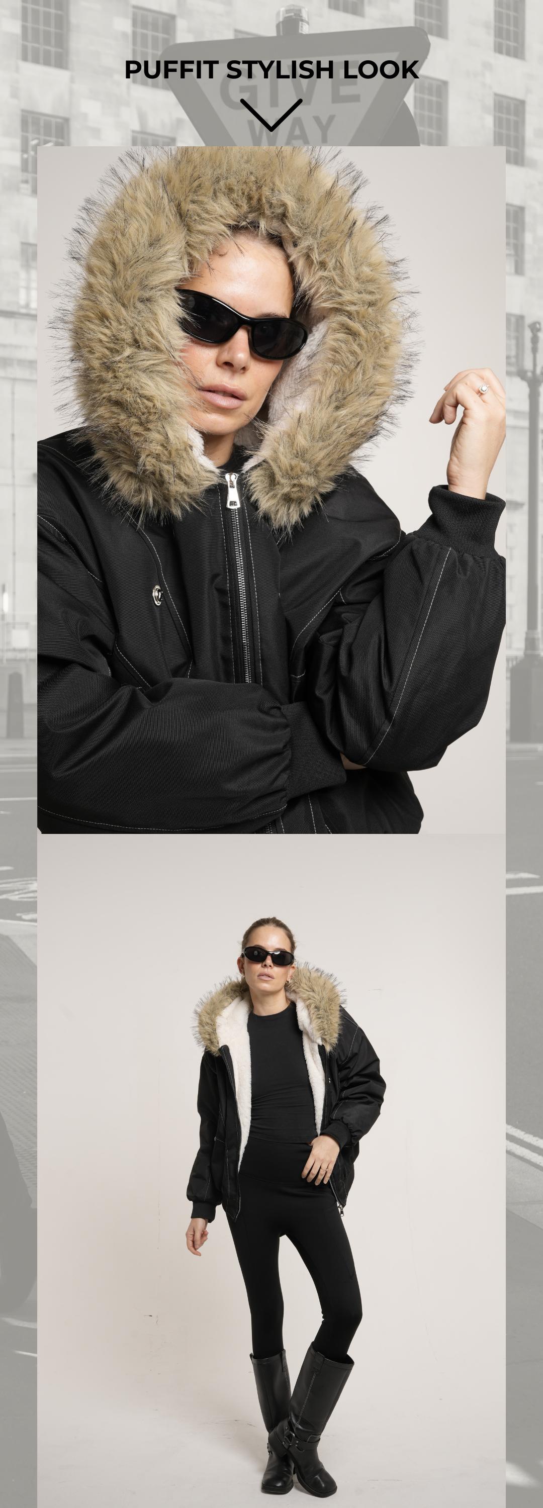 PUFFIT STM-TEX Faux Fur Lined Waterproof Bomber Jacket With Faux Fur Collar Hood,Elegant And Sophisticated,Enhances Warmth, Providing A Soft,Beautiful And Warm, Offering Both Style And Practicality,Y2K Style SpringStatements