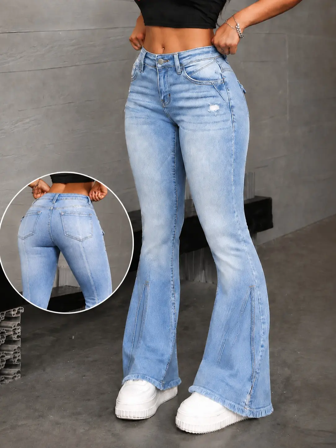 Women's Light Wash Distressed Stretchy Flare Jeans - Back Leg Split-Seam Design, Raw Frayed Hem, Womenswear Trouser