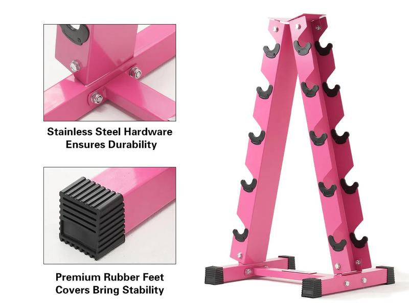 RITFIT A-Frame Dumbbell Storage Rack Stand 3/5/6 Pairs Pink/Black Home Gym Equipment Heavy-Duty Steel Construction ABS Plastic Anti-Slip Protection Glute Workout Equipment