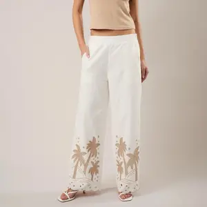 Palm Tree Embo Detail Linen Pants