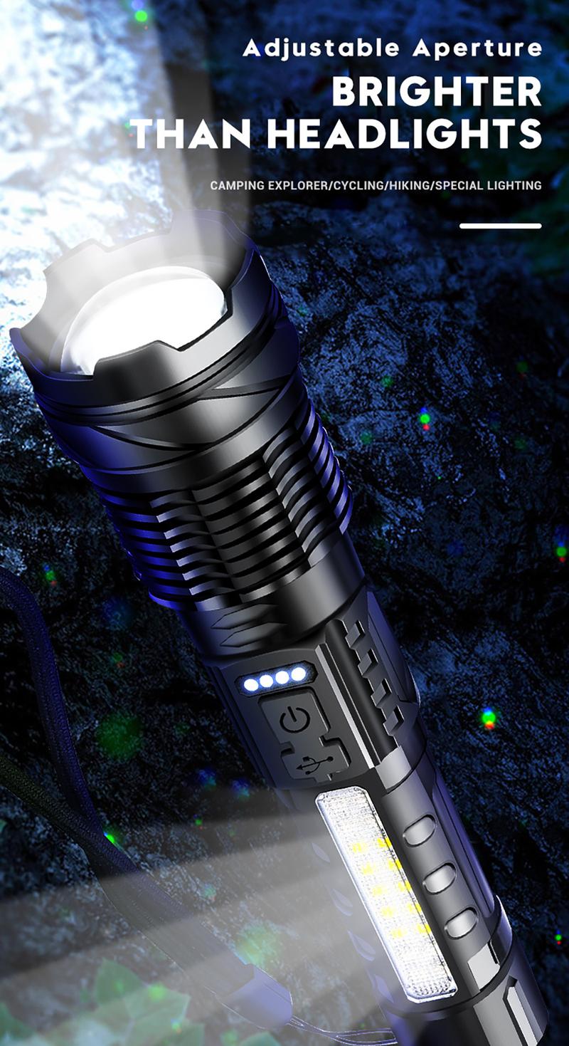 High Strong Power Led Flashlights Tactical Emergency Spotlights Telescopic Zoom Built-in Battery USB Rechargeable Camping Torch