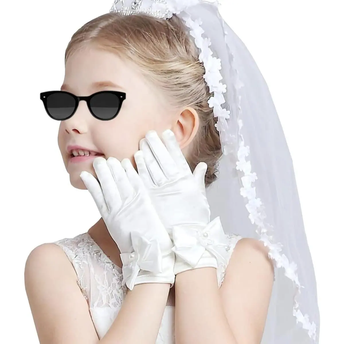 Girls' White Silky Polyester Princess Mittens - Kid & Children's Fashion Accessories for Princess Costume Parties & Birthdays, 1 Size, One Size