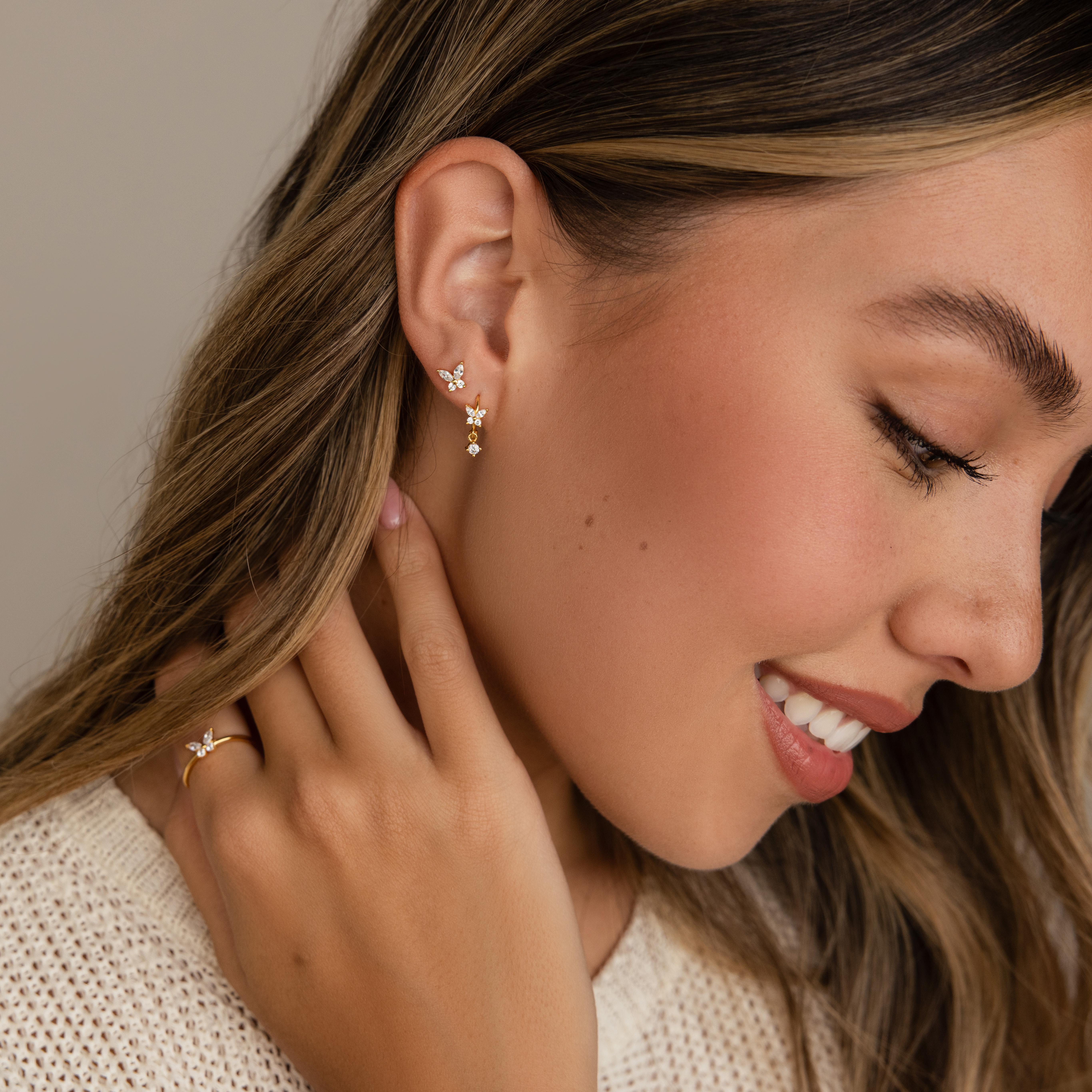 Butterfly Drop Huggies by Caitlyn Minimalist - Dainty Diamond Butterfly Charm Earrings in Gold & Silver - Crystal Jewelry - Gift for Her