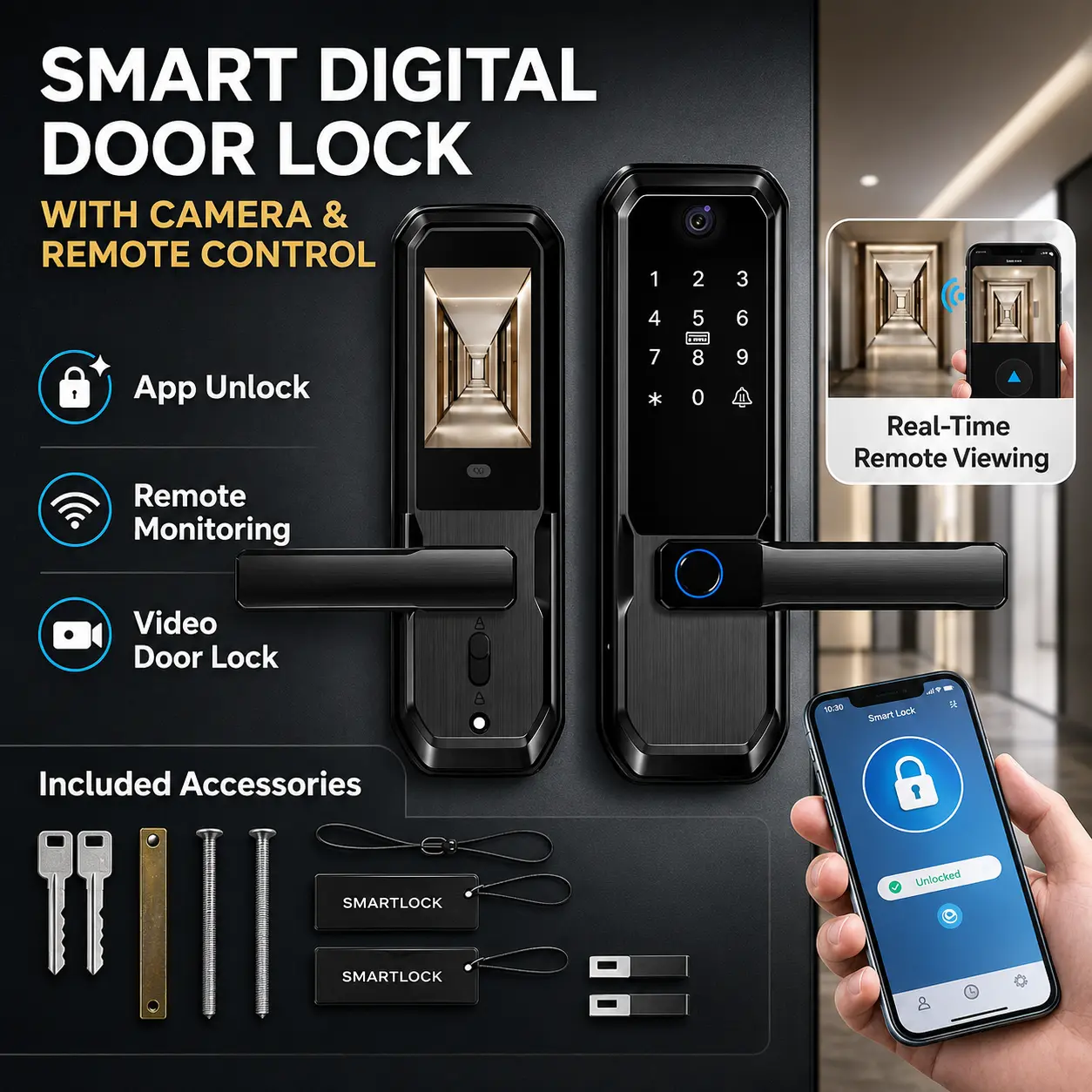 UMIKSMART TUYA Wi-Fi Aluminum Smart Door Lock with Handle, Fingerprint Entry, Active HD Video Peephole Camera, Knocker, Anti-Peeping PIN, Electronic Mechanism, App Remote Access (Black) – Smart Home Gadget for Condos