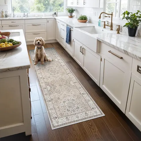 (2x6) Washable Runner Rug, Vintage Soft Kitchen Laundry Runner with Non Slip Backing Farmhouse Entryway Living Room Floor Mat Stain Resistant Carpet for Bedroom Bathroom Distressed Beside Rug, Beige Colour