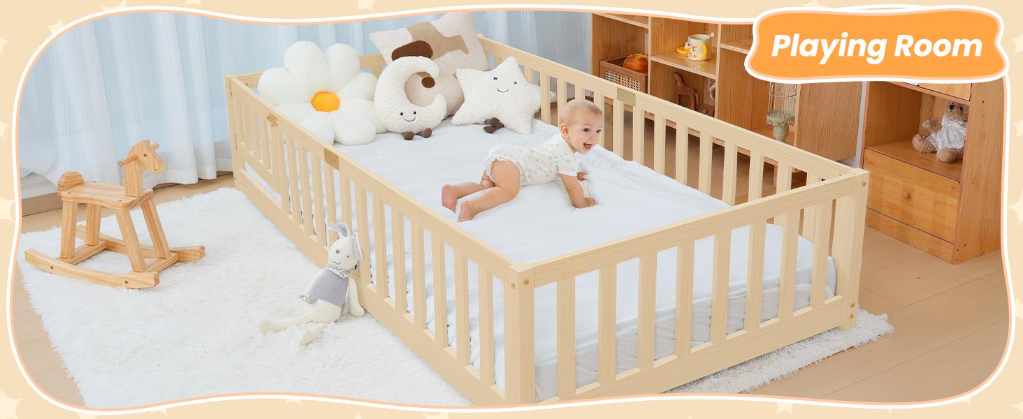 Naudacaa Twin/Full Size Montessori Floor Bed for Kids Solid Wood Frame with Fence Door & Safety Guardrails CPC Certified