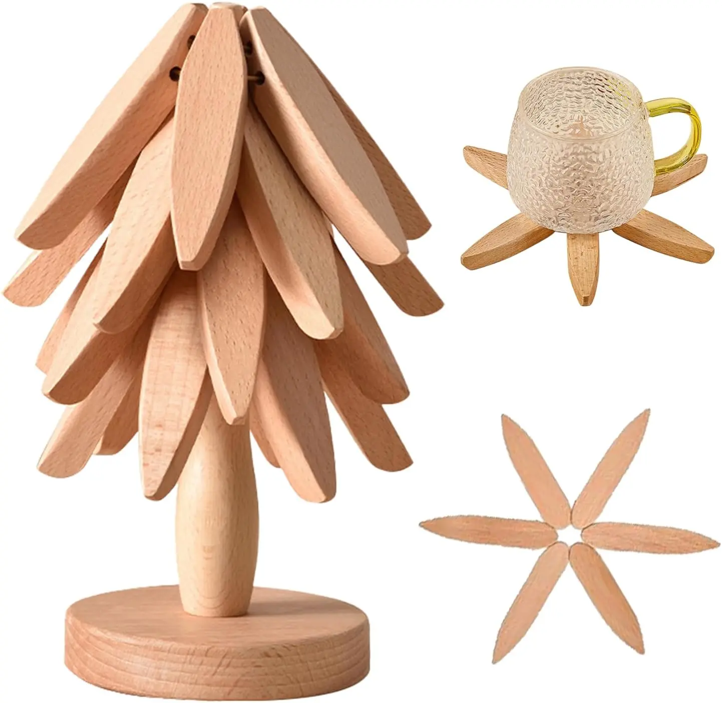 Wooden Trivets for Hot Dishes, Tree Shape Trivet Set, 4 Wooden Trivets + 1 Stand, for Hot Dishes, Pot, Bowl, Teapot, Hot Pot Holders
