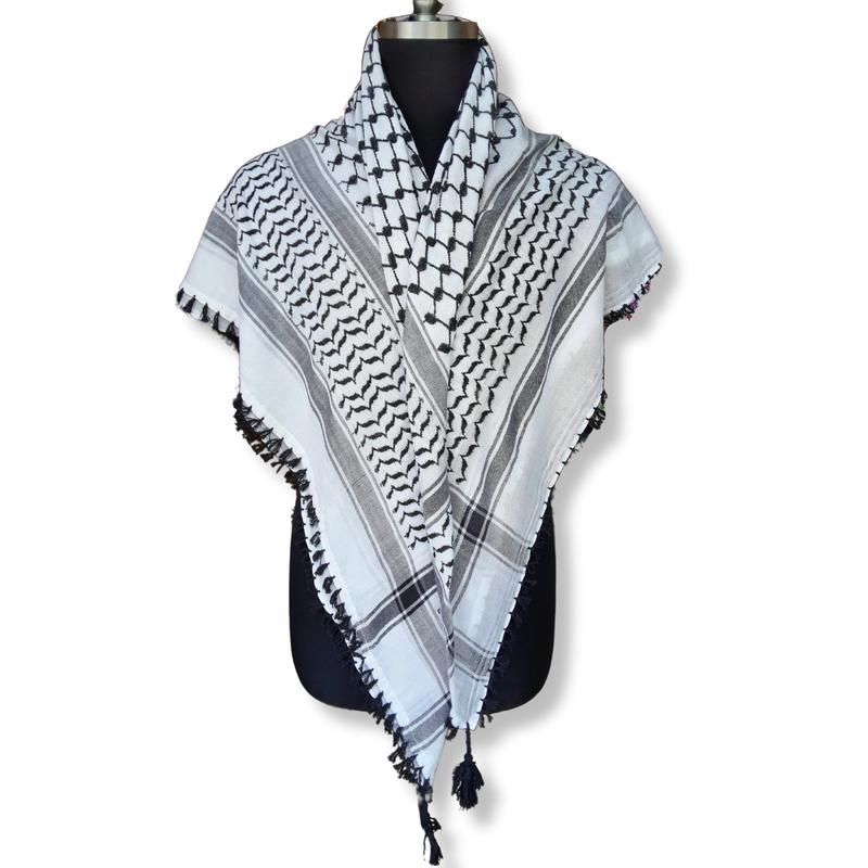 Cotton Woven Classic Keffiyeh/Kuffiyeh Black and White Traditional Original Patterns Palestine Scarf Shemagh