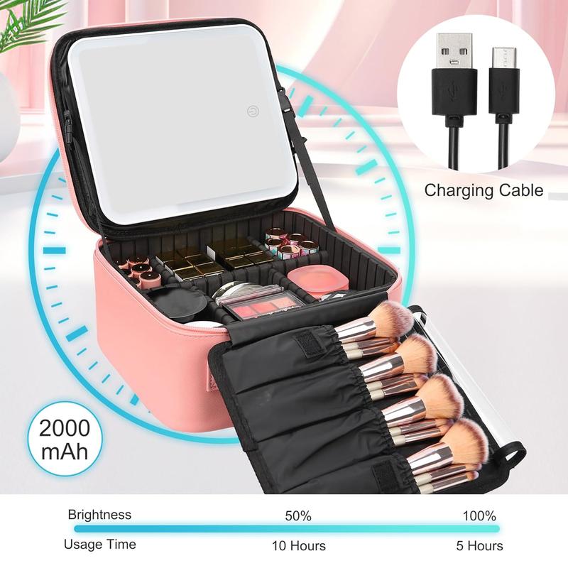 Smart LED Makeup Bag with Mirror - 3 Color Lights Waterproof PU Leather, Detachable Compartments, Travel Compact Case