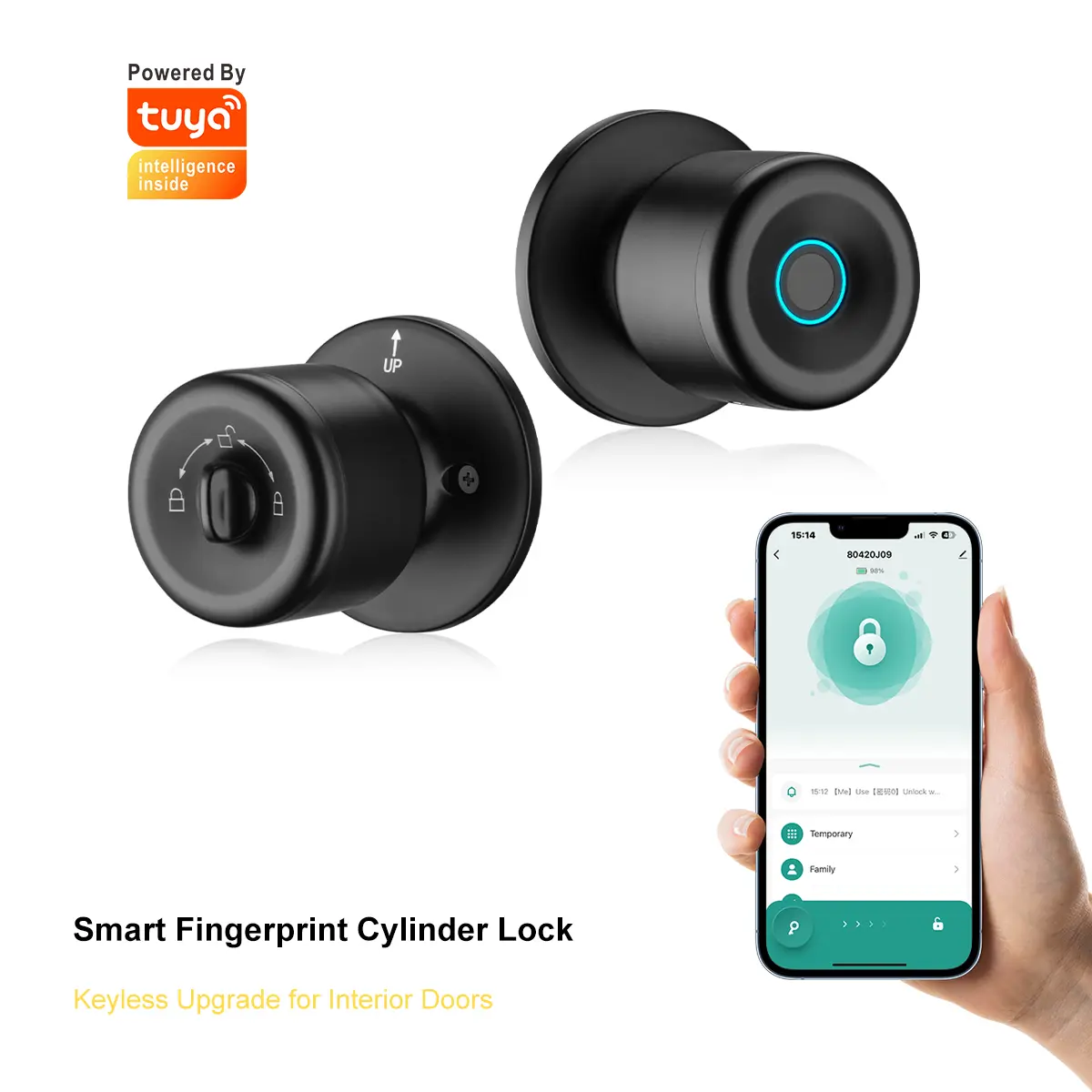 Smart Door Lock with Black Cylinder, 3-in-1 Keyless Entry, Bluetooth App Control, Backup Keys, Local Data Storage, ABS Handles, Easy Installation for Home & Apartments, Fits 30-55mm Doors