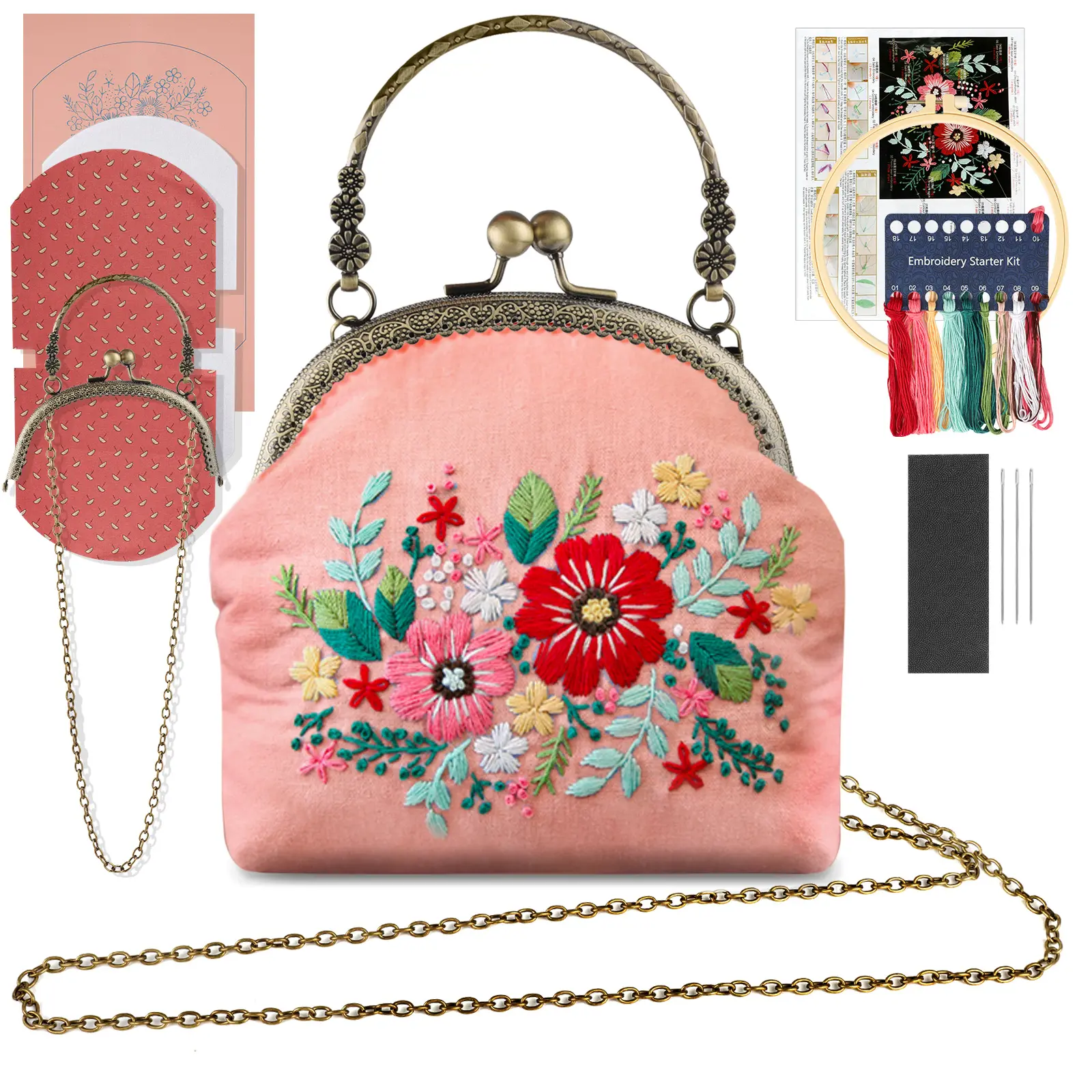 DIY Flower Embroidery Kit Tote Bag - Vintage Clasp Lock Bag Making Kit with Thread, Frame, Fabric, Base & Chain,DIY Hand Sewing Kit for Adults Beginner, cross stitch