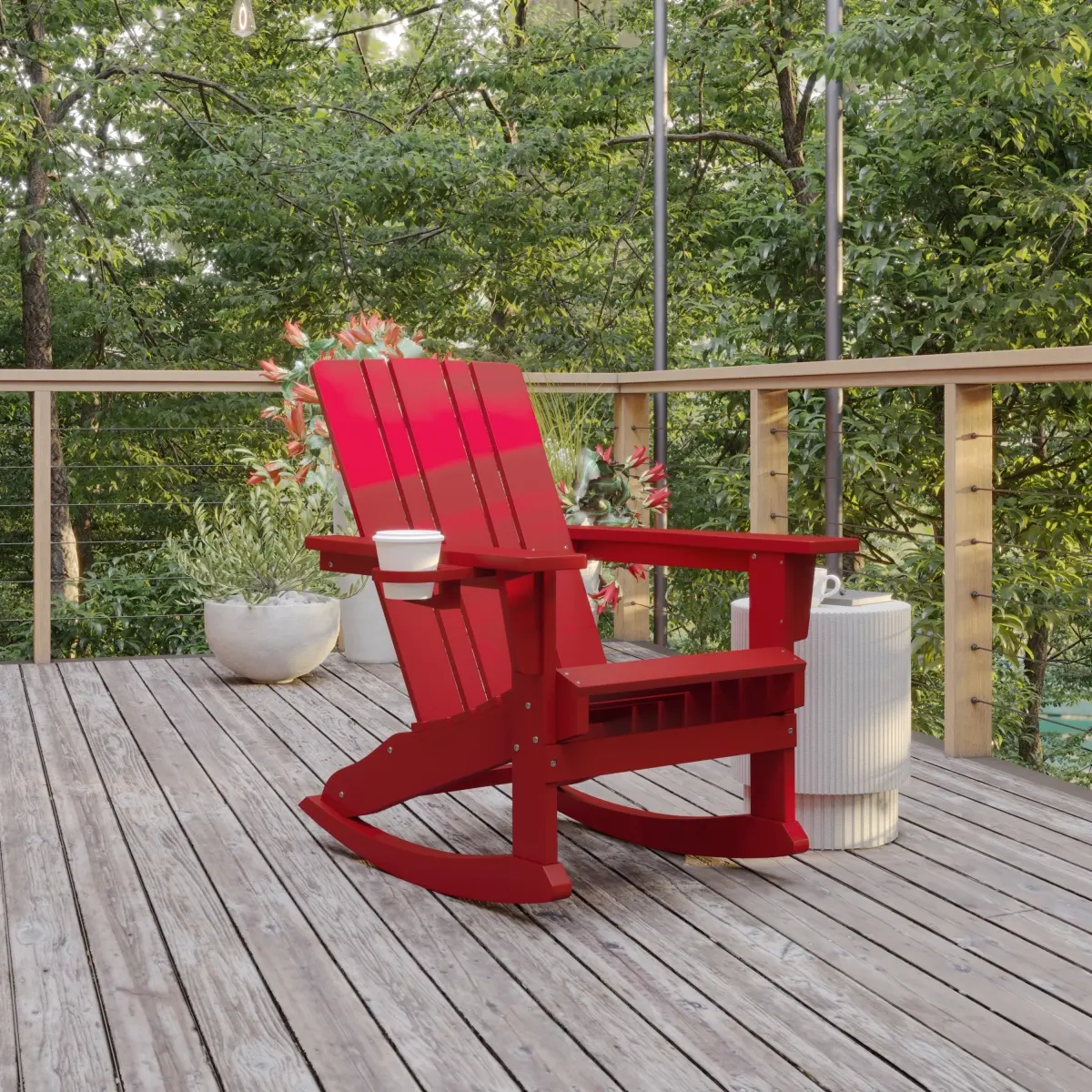 Flash Furniture Halifax Weather-Resistant HDPE Adirondack Rocking Chair, Red Outdoor Furniture with Built-In Cup Holder (LE-HMP-1045-31-RD-GG)
