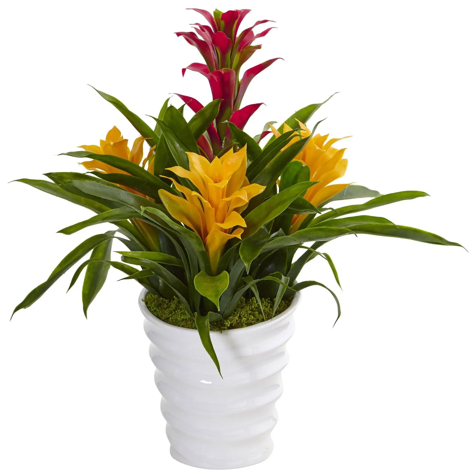 Faux Bromeliad Indoor Plant in Glossy White Swirl Vase - Home Decor Centerpiece for Desk, Table, Office Faux Flowers & Decor