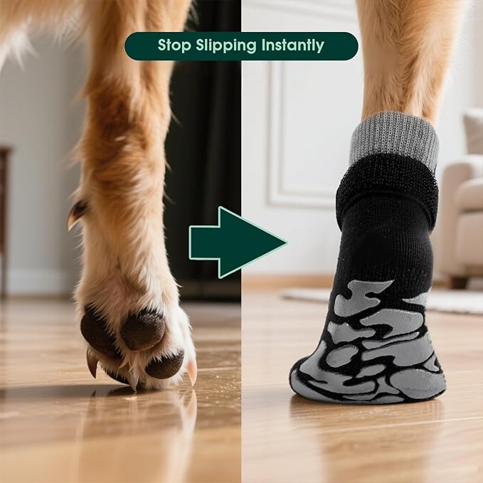 Kuoser Non-Slip Dog Socks, 4 Pcs Socks to Prevent Licking Paws, Paw Protectors for Hot Pavement, Hardwood Floors, Traction Control for Small, Medium, Large Dogs