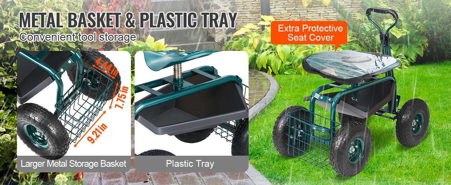 【Summervibes】VEVOR Garden Cart Rolling Workseat with Wheels, Gardening Stool for Planting, 360 Degree Swivel Seat, Wagon Scooter with Steering Handle & Utility Tool Tray, Use for Patio, Yard, and Outdoors