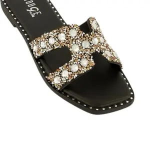 Women's Rouge Crystal Embellished Slide Sandals Black with Gold & Silver Rhinestones Studded Trim Fashion Footwear