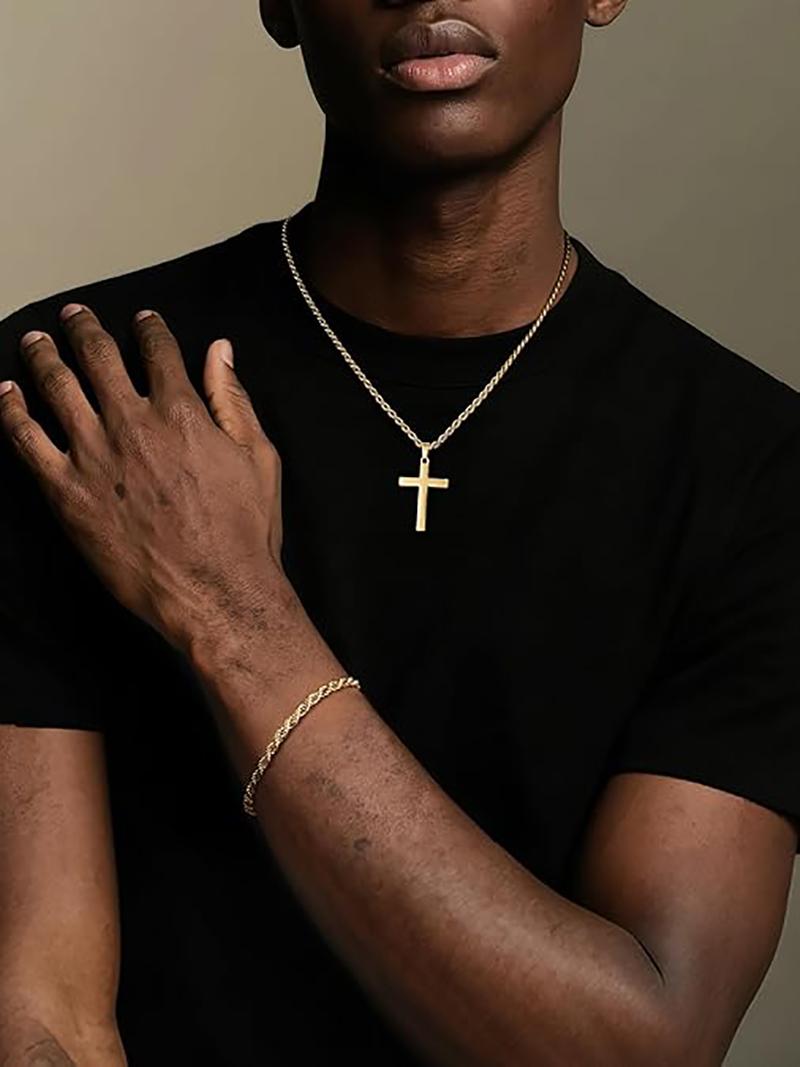 2pcs Stainless Steel Cross Necklace and Bracelet Set for Men, Twisted Rope Cross Pendant Jewelry Set for Men and Women, Perfect for Casual Parties