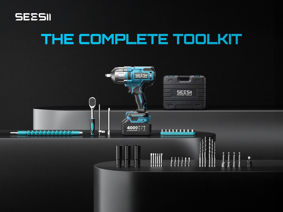 SEESII Cordless Brushless Impact Wrench WH860 Ultra 1300Nm High Torque 2x 21V 4.0Ah Li-ion Batteries 3-Speed Gear LED Light Full Accessories Kit for Agricultural Machinery Trucks Car Repair Home Use