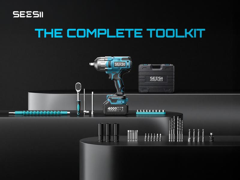 SEESII Cordless Brushless Impact Wrench WH860 Ultra 1300Nm High Torque 2x 21V 4.0Ah Li-ion Batteries 3-Speed Gear LED Light Full Accessories Kit for Agricultural Machinery Trucks Car Repair Home Use