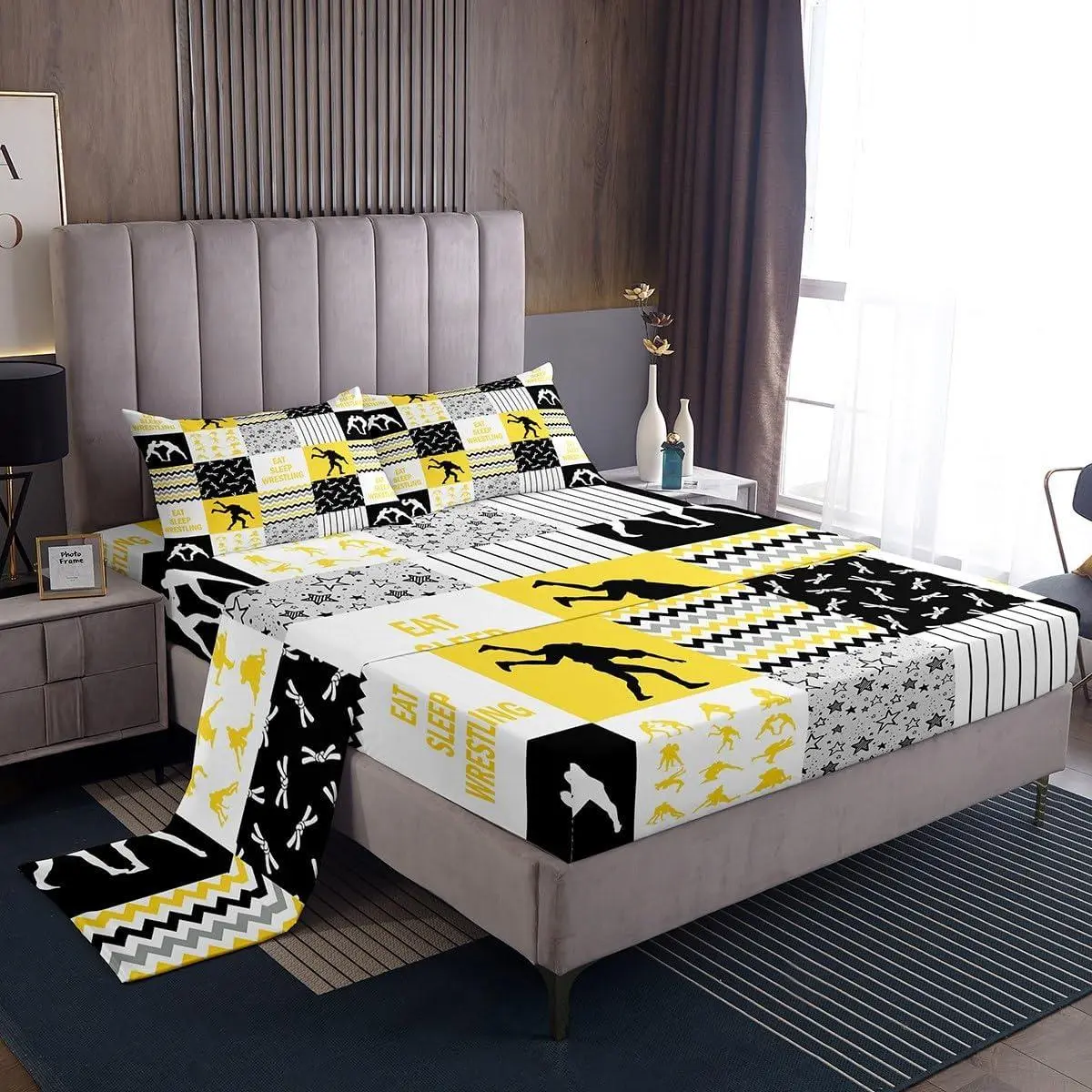 Feelyou Sports Theme Wrestling Bedding Set for Adult Beds - Yellow-White-Black Plaid Fitted Sheet, Striped Stars Patchwork Flat Sheet, Pillowcase Bedroom Decor Set (Includes All Listed Pieces)