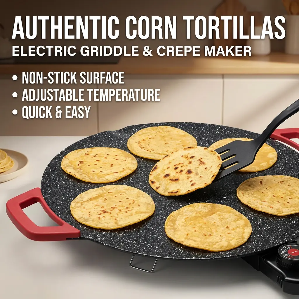 Round electric griddle with nonstick coating, dual heating zones, adjustable temperature, smokeless indoor grill, multifunctional taco, crepe, and pancake maker; ideal for cooking steaks, seafood, and family gatherings; easy-to-clean electric griddle. Tab