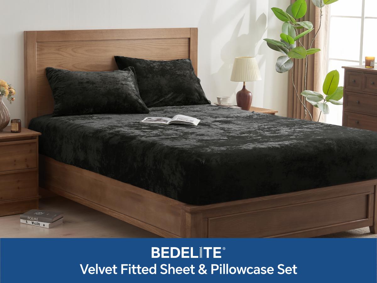 BEDELITE Velvet Fitted Sheet and Pillowcases Set Luxury Soft Fuzzy Bottom Sheet with Reinforced Elastic Corner Straps Deep Pocket up to 15 Inch 1 Fitted Sheet and Pillowcases Black Twin Full Queen King Cal King Sizes Valentine's Day gift