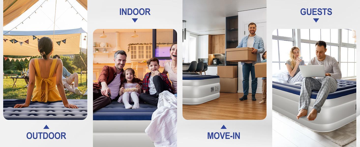 18 Inch Queen Size Air Mattress With Built-In Pump, Elevated Comfort Air Mattress, Quick Inflate/Deflate Air Mattress For Family Guests Camping, Blue&White