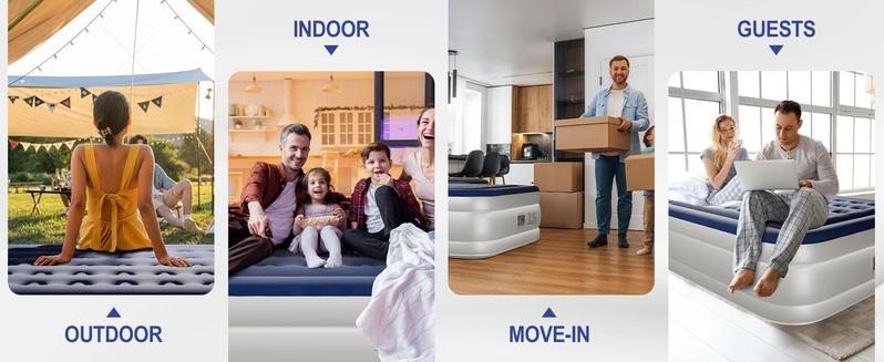 18 Inch Queen Size Air Mattress With Built-In Pump, Elevated Comfort Air Mattress, Quick Inflate/Deflate Air Mattress For Family Guests Camping, Blue&White