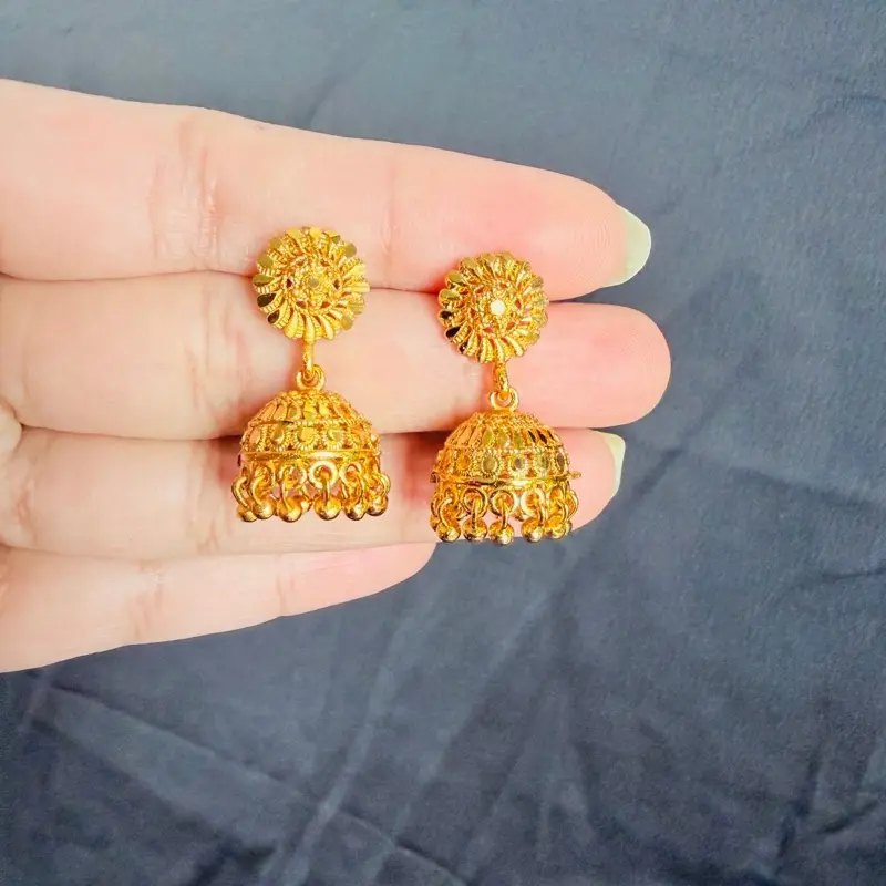 Women's Gold-Toned Traditional Mini Pinjada Jhumka Earrings, Elegant Embellished Flower Design Dangle Jewelry Accessories, Gold Earrings, Embellished Flower Earrings