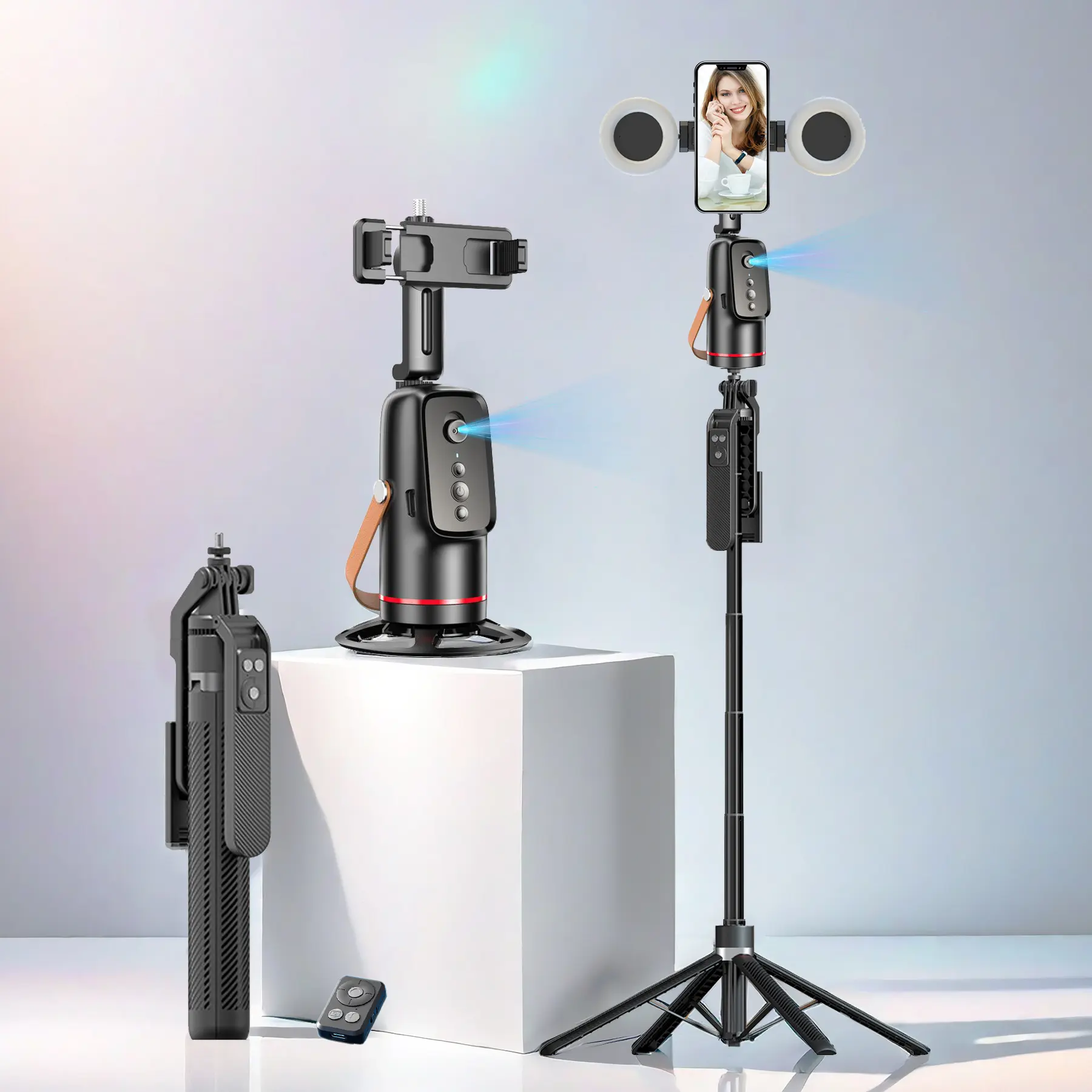 YYT1 5-In-1 Smart Face Tracking Gimbal Stick with Tripod, Wireless Selfie Remote, Light, Auto Rotation, Phone Stabilizer, Video Camera Accessory Kit