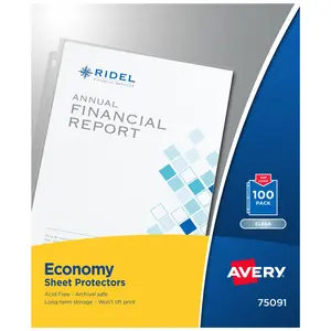Avery Economy Weight Sheet Protectors, Acid Free, 8.5" x 11", 100 per pack, 100 Clear Document Protectors Total (75091)