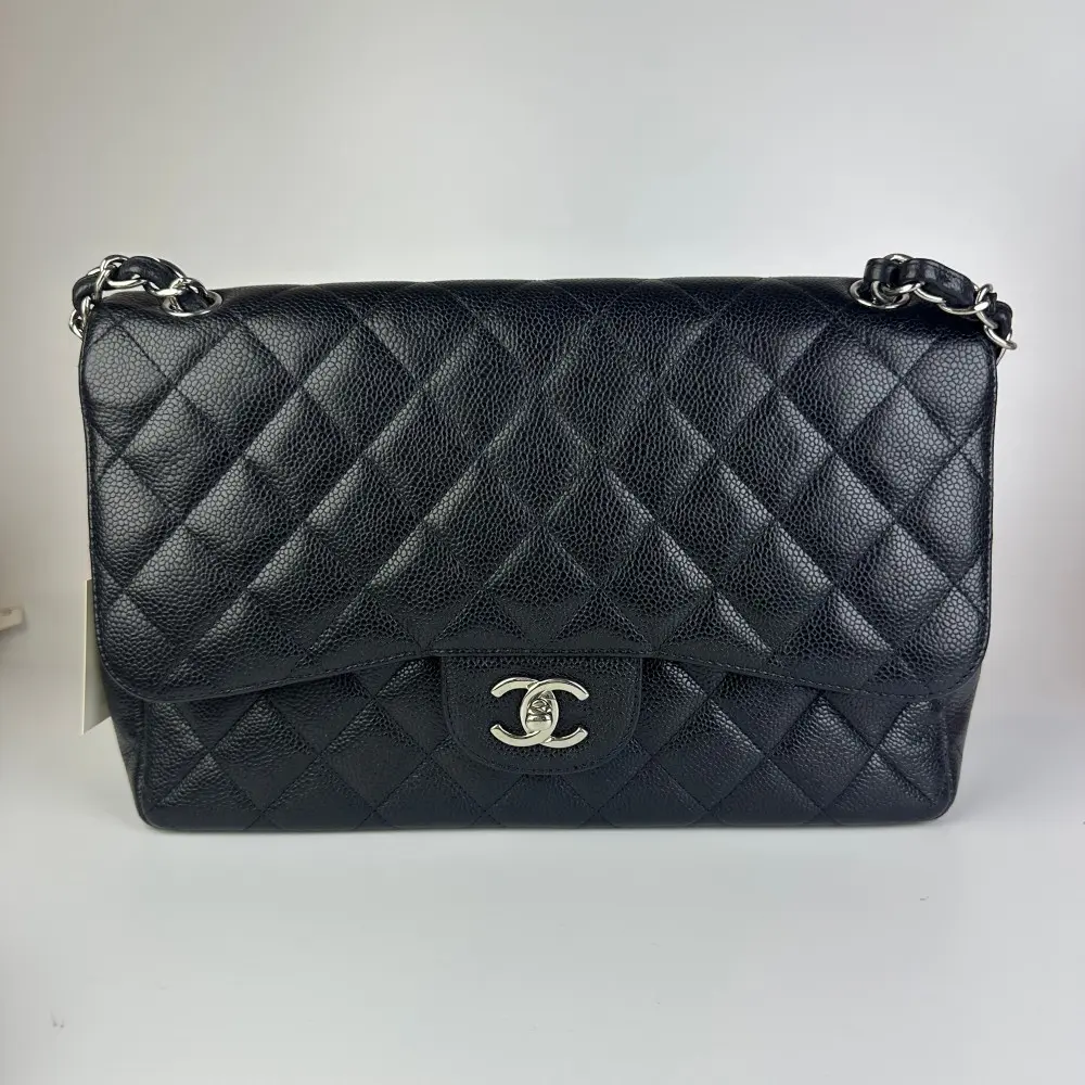 Pre-owned CHANEL Classic Medium Double Flap Bag Black Caviar Silver Hardware【1100】