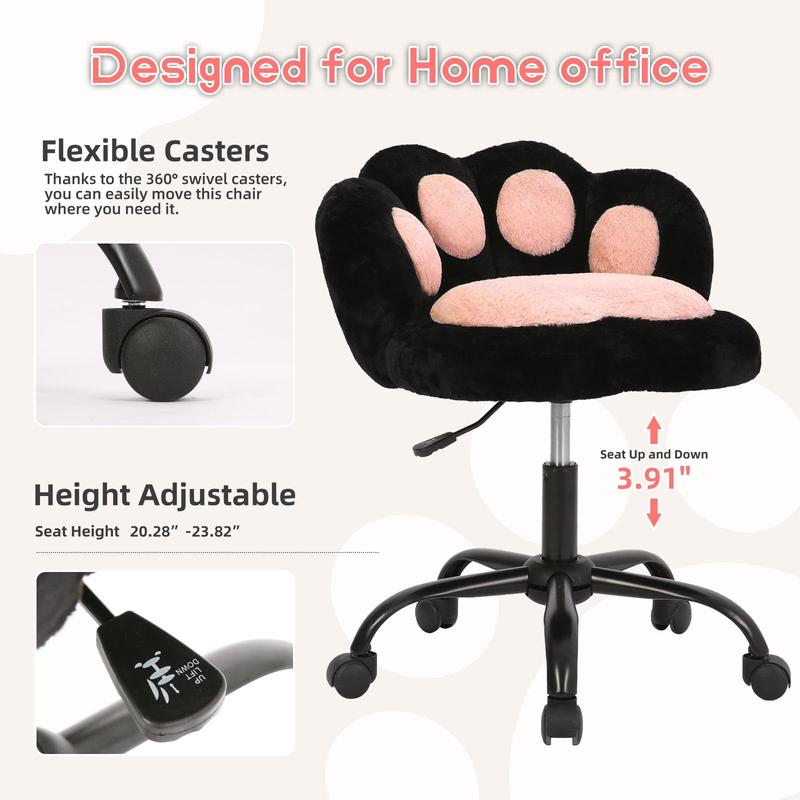 Vanity Chair with Wheels,Cute Cat Paw Office Chair with Back,360°Rotating Height Adjustable Armless Chair in Vibrant Color-Blocking,Small Desk Chair,Plush Cushion for Bedroom,Make-Up Room Home Office