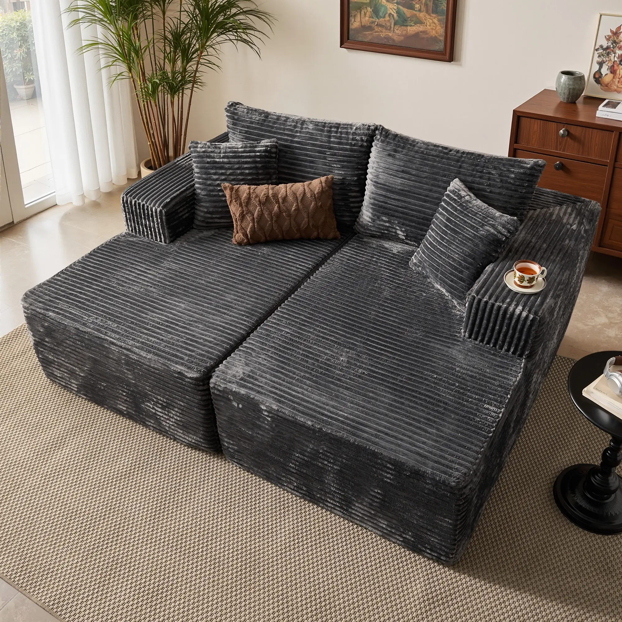 75" Oversized Double Chaise Lounge, Sectional Cloud Couch Boneless, 【2 packages Delivery】 Indoor Sleeper Sofa Bed with Throw Pillows and Armrests,  No Assembly Required