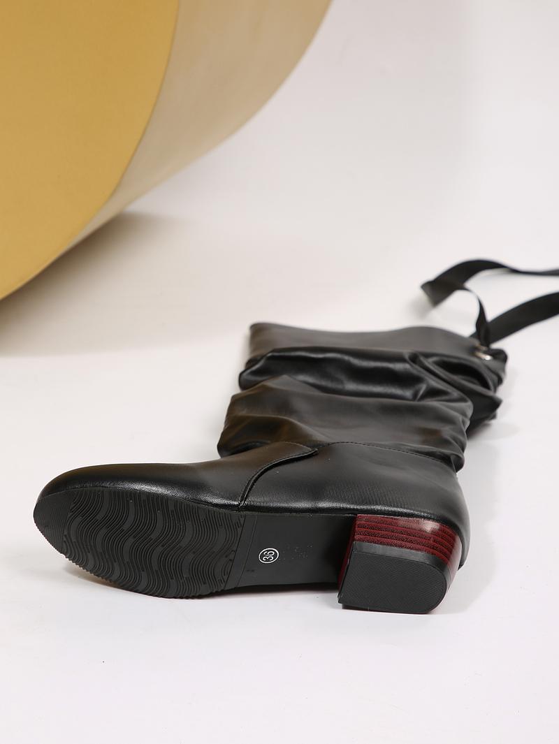 Women's Black Knee High Boots, Pleated Back Lace Slip On Chunky Heel Winter Shoe, Womensfashion Glossy Long Boots for Women, Perfect Valentine's Day Gift