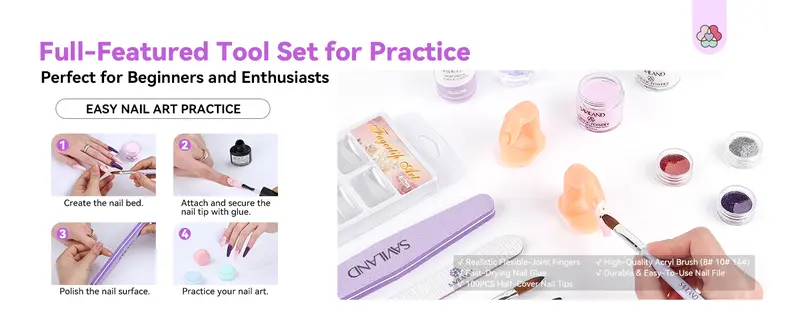 SAVILAND Essentials Acrylic Nail Kit – All-in-1 Set with Lamp EMA Monomer Gel Polish Nail Drill Cuticle Remover for Home DIY Starters
