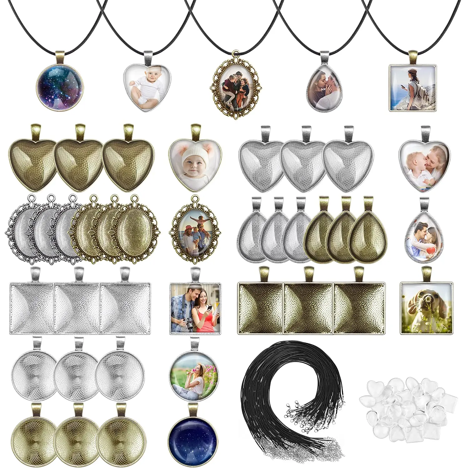90 Pcs Pendant Trays Set with Glass Cabochons for Jewelry Making,Includes 30 Bezel Pendants,30 Glass Cabochons,30 Necklace Cords,Christmas Party Gifts,DIY Hand Tools Kits,Summervibes