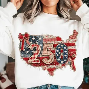 USA 250th Anniversary Sweatshirt - Patchwork United States Map With 250 Numbers Patriotic Graphic , Vintage Red White Blue Quilt Bow Design Print , America 250 Celebration , Fourth Of July Theme , Soft Gift For Her