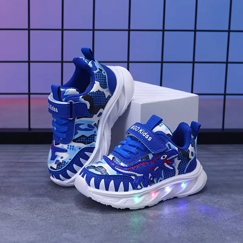 LED Dinosaur Sneakers for Children Aged 1-6, Boys' Glowing T-Rex Sneakers with Flashing Camouflage and Solid Color Patterns, Velcro Closure Suitable f