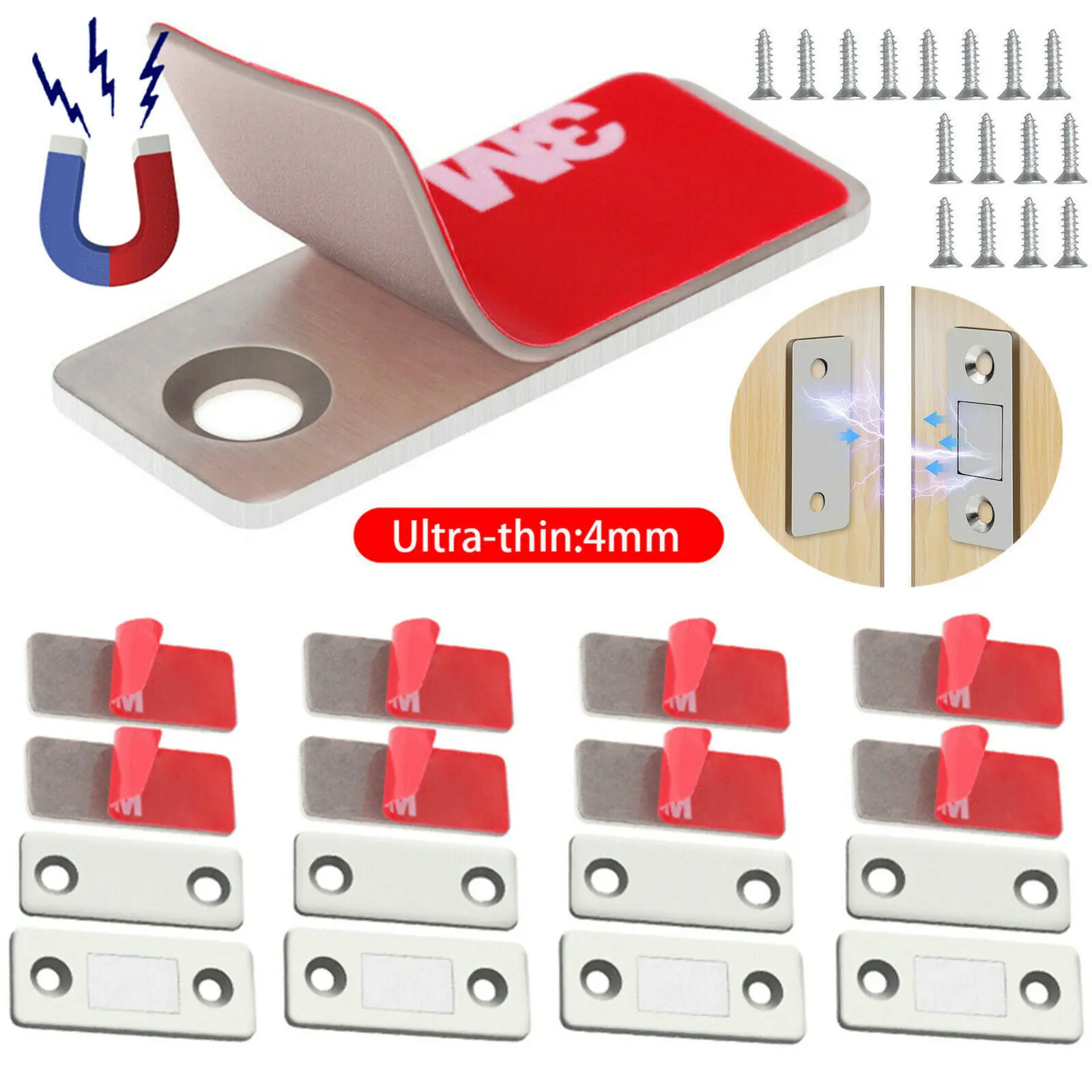 4-Set Thin Profile Strong Mag Hold Magnetic Catch Latch Hardware, Metal Adhesive-Mount Door Closers for Kitchen Cabinets, Wardrobe, Keeps Drawers Shut