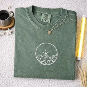 Comfort Colors Embroidered Mountain Circle Shirt Minimalist Nature Line Art Tee Outdoor Aesthetic Hiking Graphic Womenswear & Underwear - Women's Tops - T-Shirts