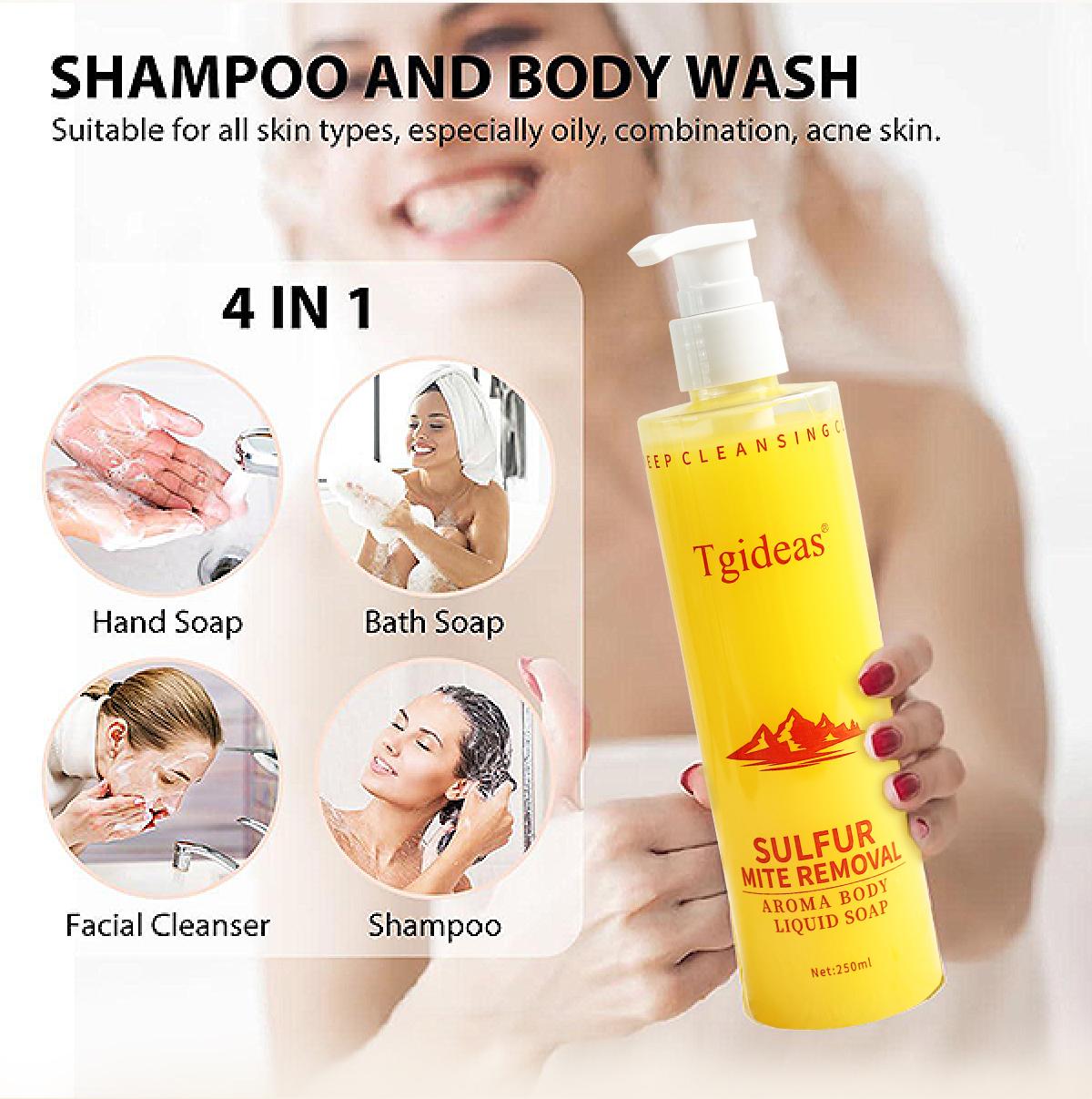Buy 1-Get 1 Free!Tgideas All-in-One Sulfur Body Wash & Shampoo 250ml - Clear Skin, Gentle Formula, Organic Ingredients, Anti-Acne, Mite Removal, Deep Cleansing for Men & Women Cleanser Scent